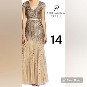Adrianna Papell Long Beaded V-Neck Dress With Cap Sleeves & Waistband